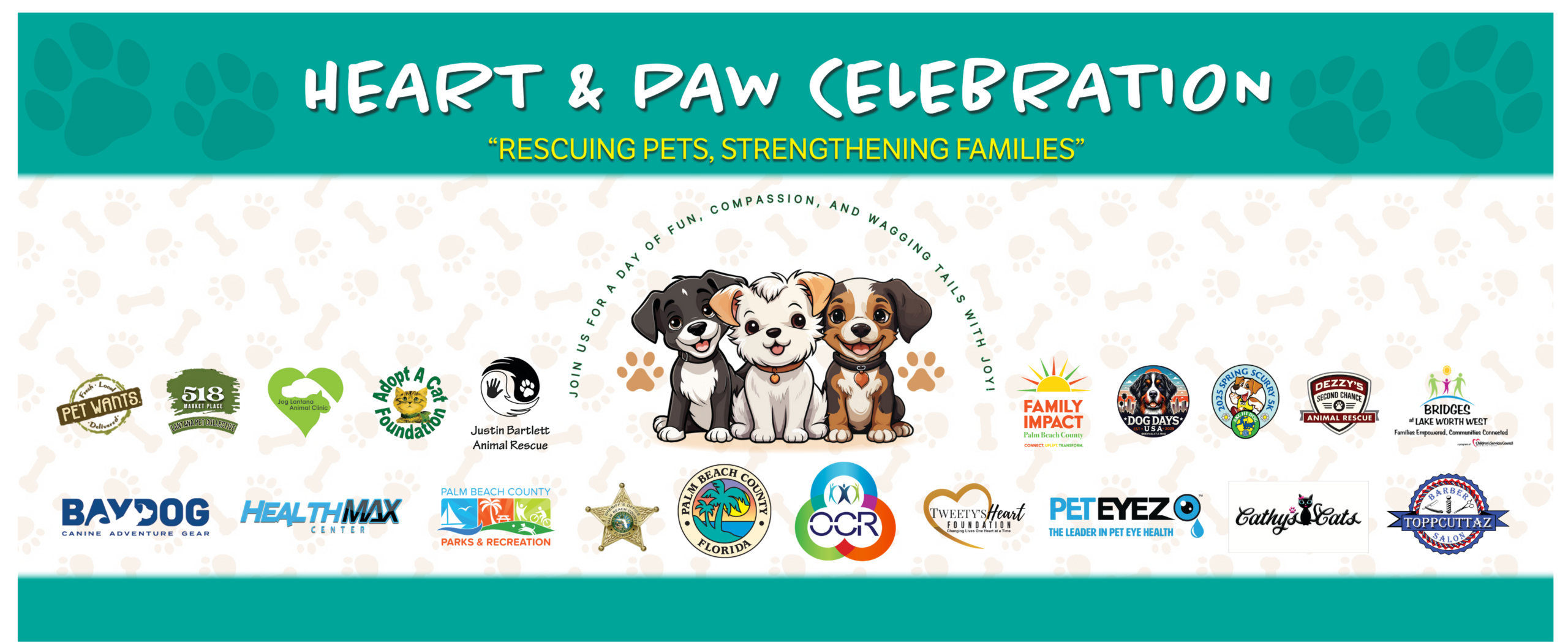 Dog Days 2025 community partner banner featuring local sponsors, rescue partners, and Palm Beach County organizations