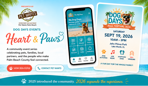 Heart and Paws Dog Days Events hero for the September 19, 2026 Fall Festival at John Prince Park, presented by Pet Wants Palm Beach with app preview and event details