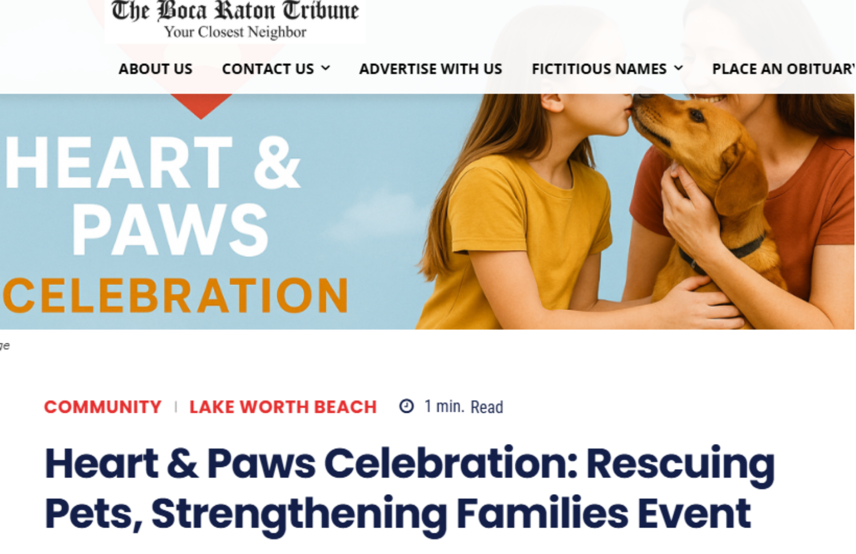 Boca Raton Tribune article preview for Heart and Paws Celebration media coverage